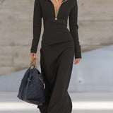 Valeria – Rochie maxi sport retro elegantă cu decolteu în V și fermoar