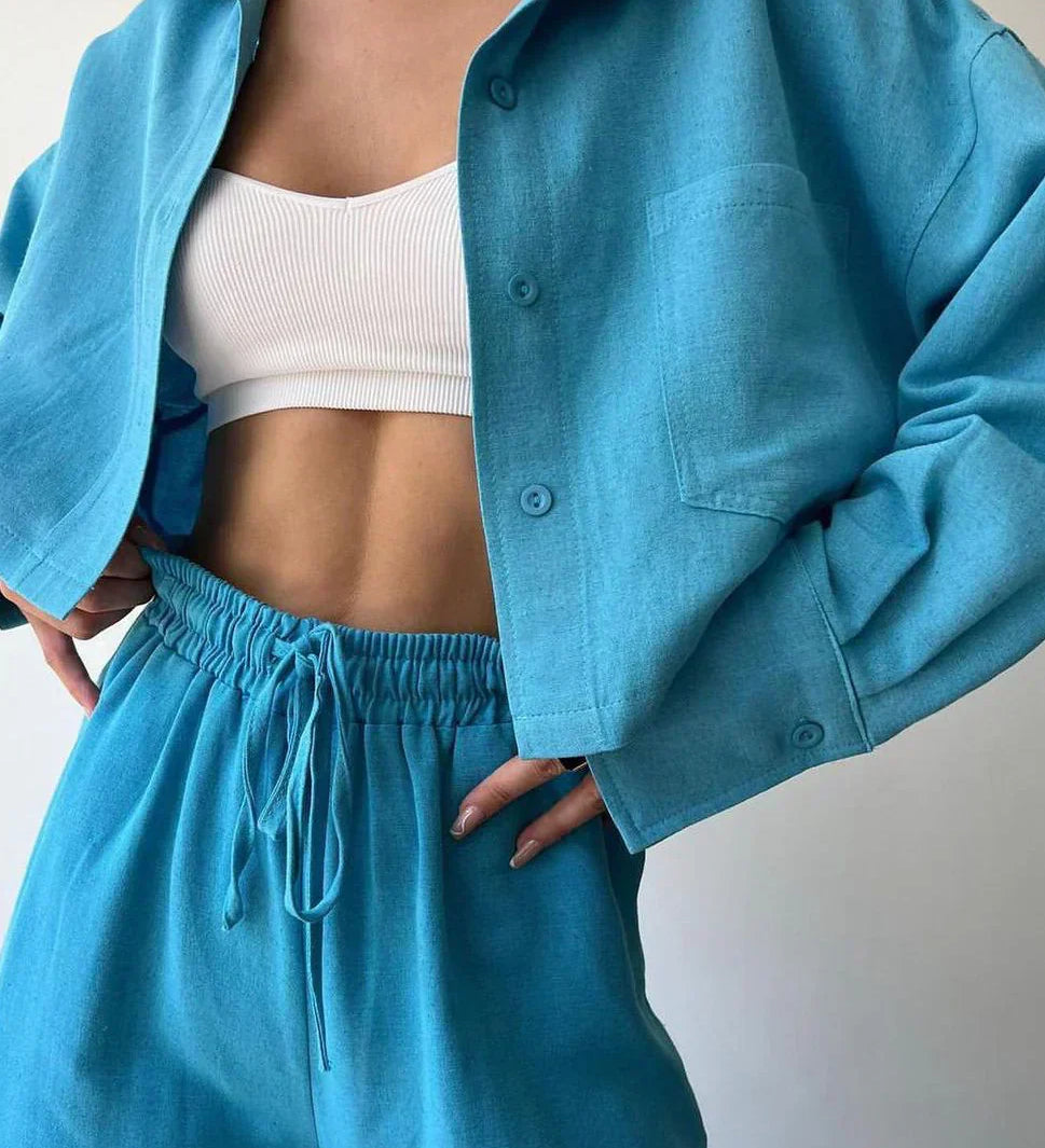 Set de pantaloni din două piese cu guler și șnur, casual