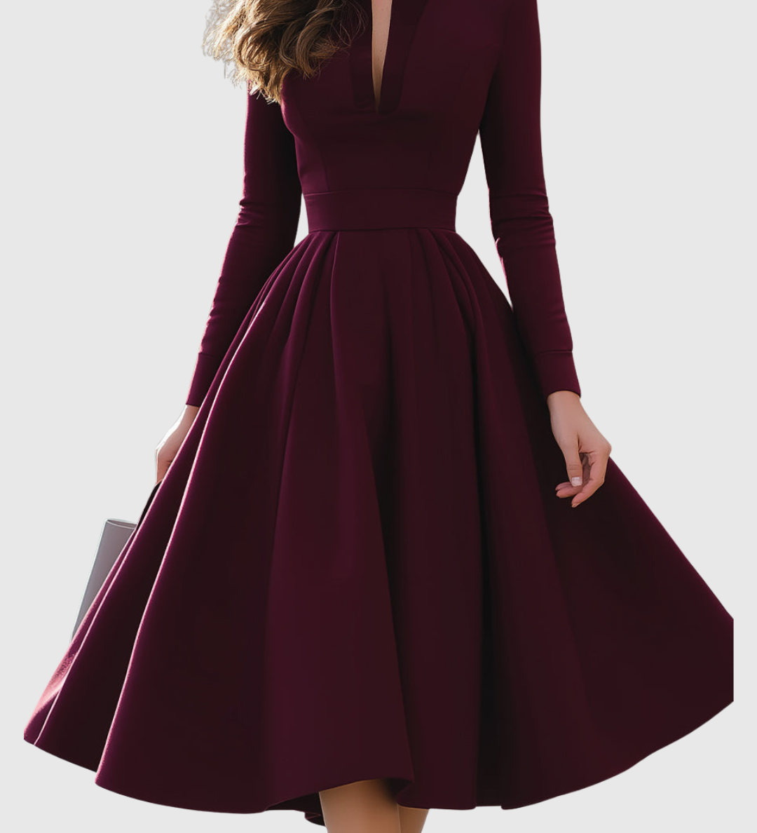 Lavinia – Rochie Midi Bordo cu Decolteu în V