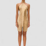 Gențiana – Rochie Mini Metalică cu Croială Sculpturală