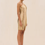 Gențiana – Rochie Mini Metalică cu Croială Sculpturală