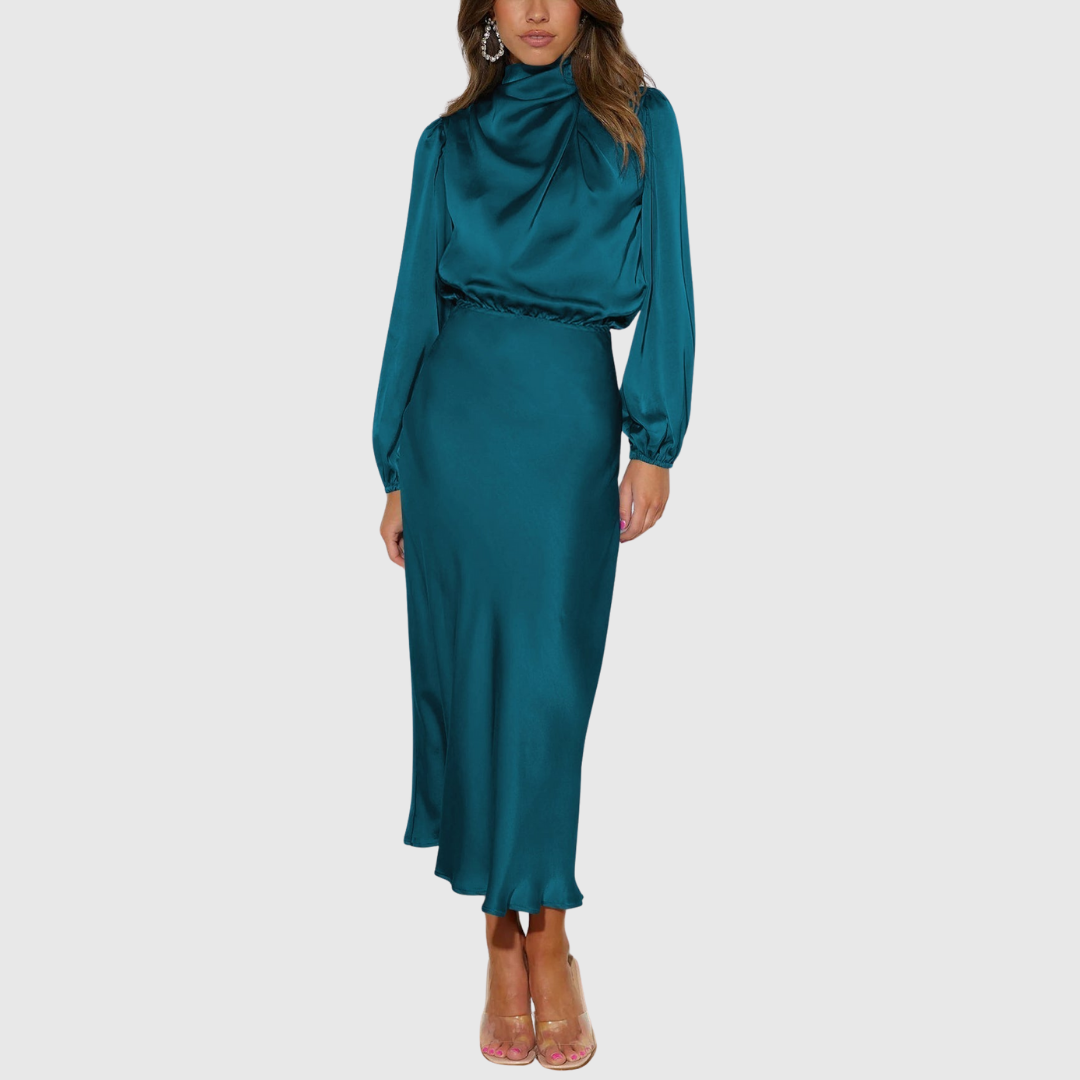 Matilda – Rochie Maxi Satinată cu Mâneci Bufante