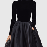Loredana – Rochie Midi Neagră din Catifea și Satin