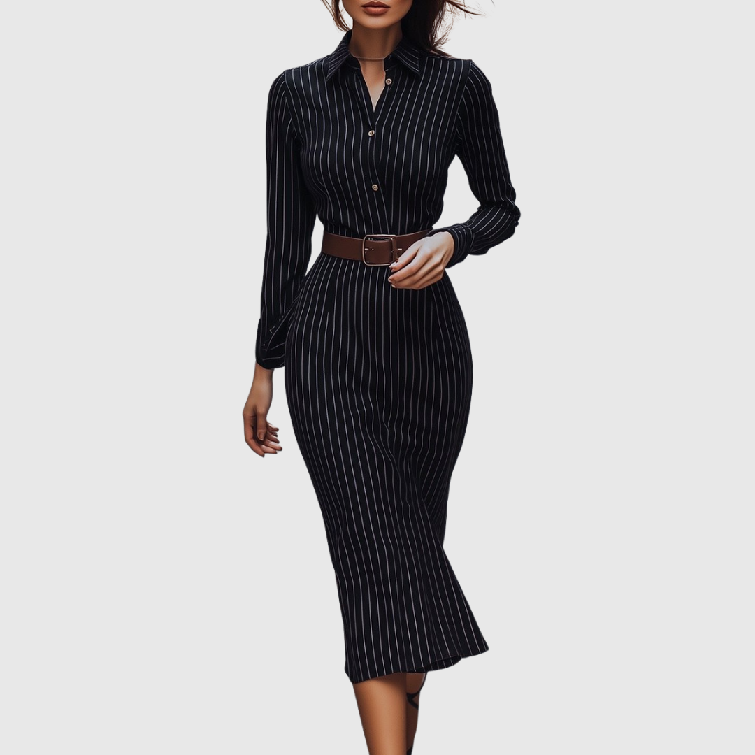 Tatiana – Rochie Cămașă Midi Neagră cu Dungi Fine