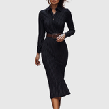 Tatiana – Rochie Cămașă Midi Neagră cu Dungi Fine