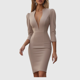 Stefania – Rochie Creion Bej cu Decolteu în V