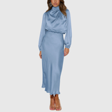 Matilda – Rochie Maxi Satinată cu Mâneci Bufante