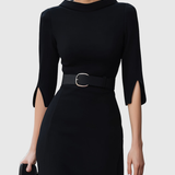 Aurora – Rochie Midi Neagră cu Curea și Tiv Asimetric