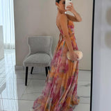 Zina – Rochie Maxi cu Imprimeu Tip Acvarelă