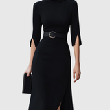 Aurora – Rochie Midi Neagră cu Curea și Tiv Asimetric