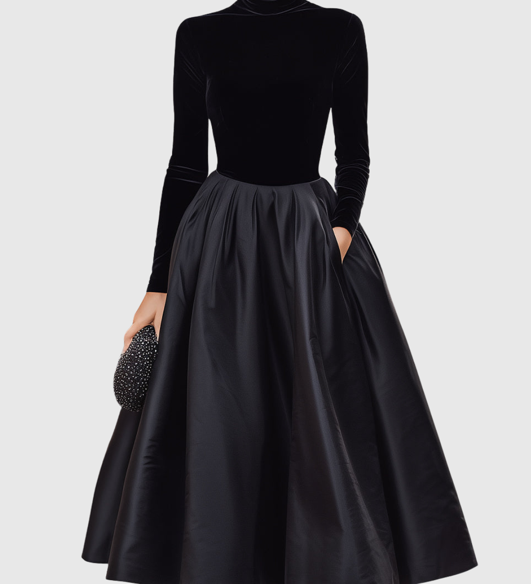 Loredana – Rochie Midi Neagră din Catifea și Satin