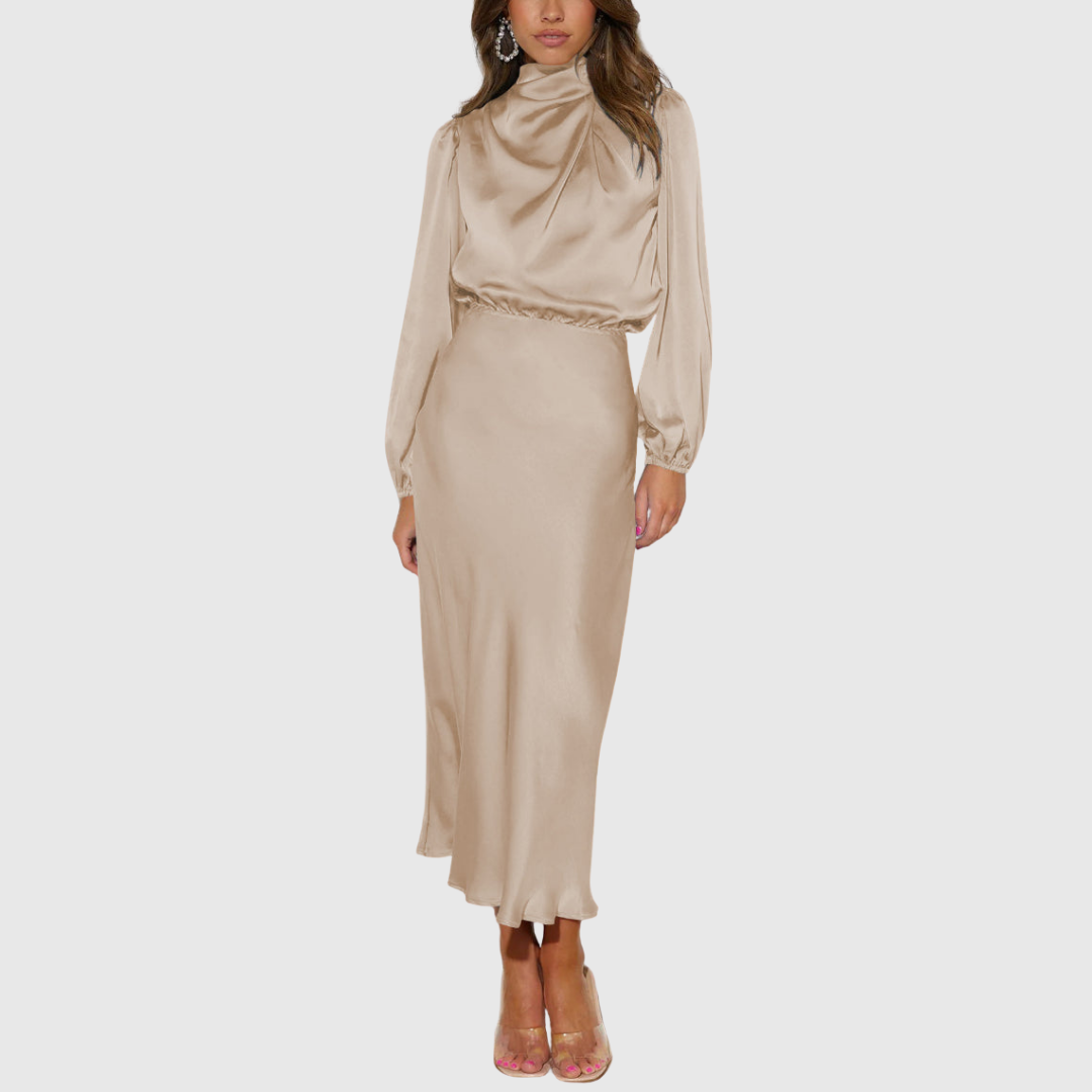 Matilda – Rochie Maxi Satinată cu Mâneci Bufante