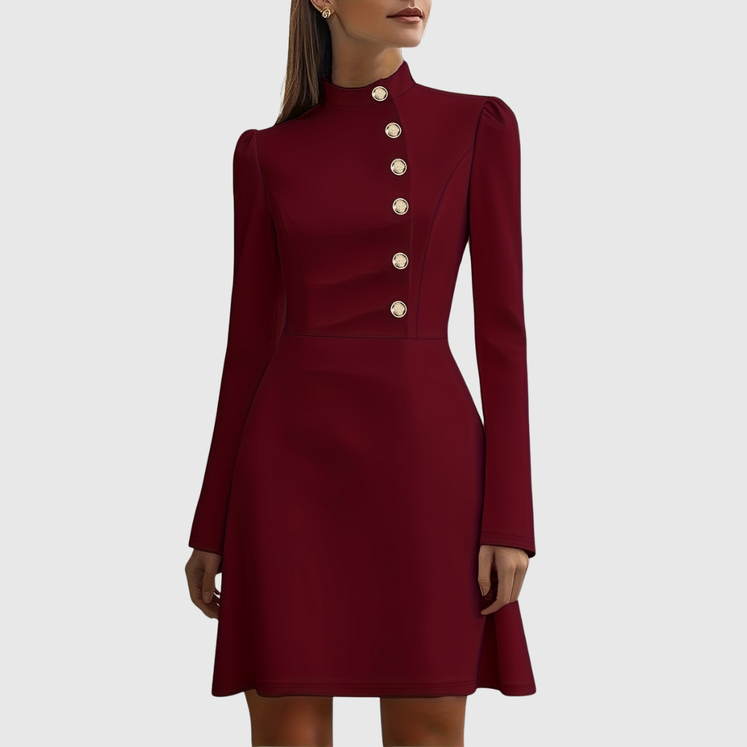 Zoe – Rochie Evazată cu Nasturi Aurii