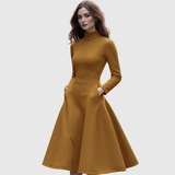 Otilia – Rochie Evazată cu Guler Înalt și Mâneci Lungi