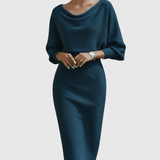 Violeta – Rochie Midi Drapată cu Mâneci Ample