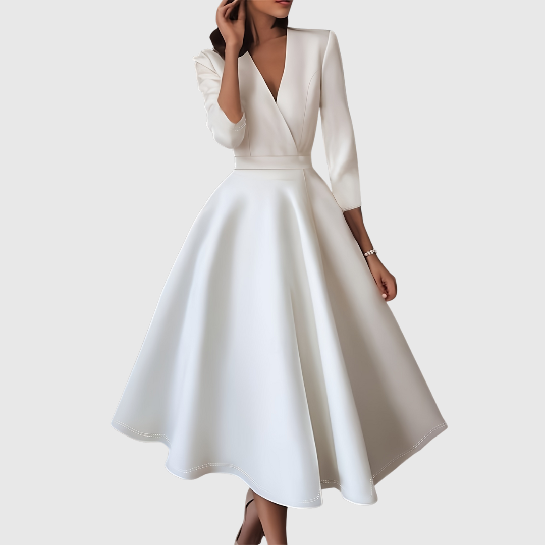 Ruxandra – Rochie Midi cu Talie Înaltă și Mâneci Bufante