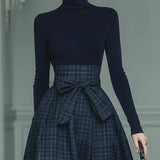 Lila Turtleneck Stretch Top & Plaid Skirt Set